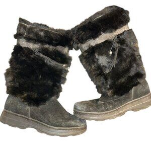 Minnetonka vintage black real fur suede tooled leather tirm boots 6